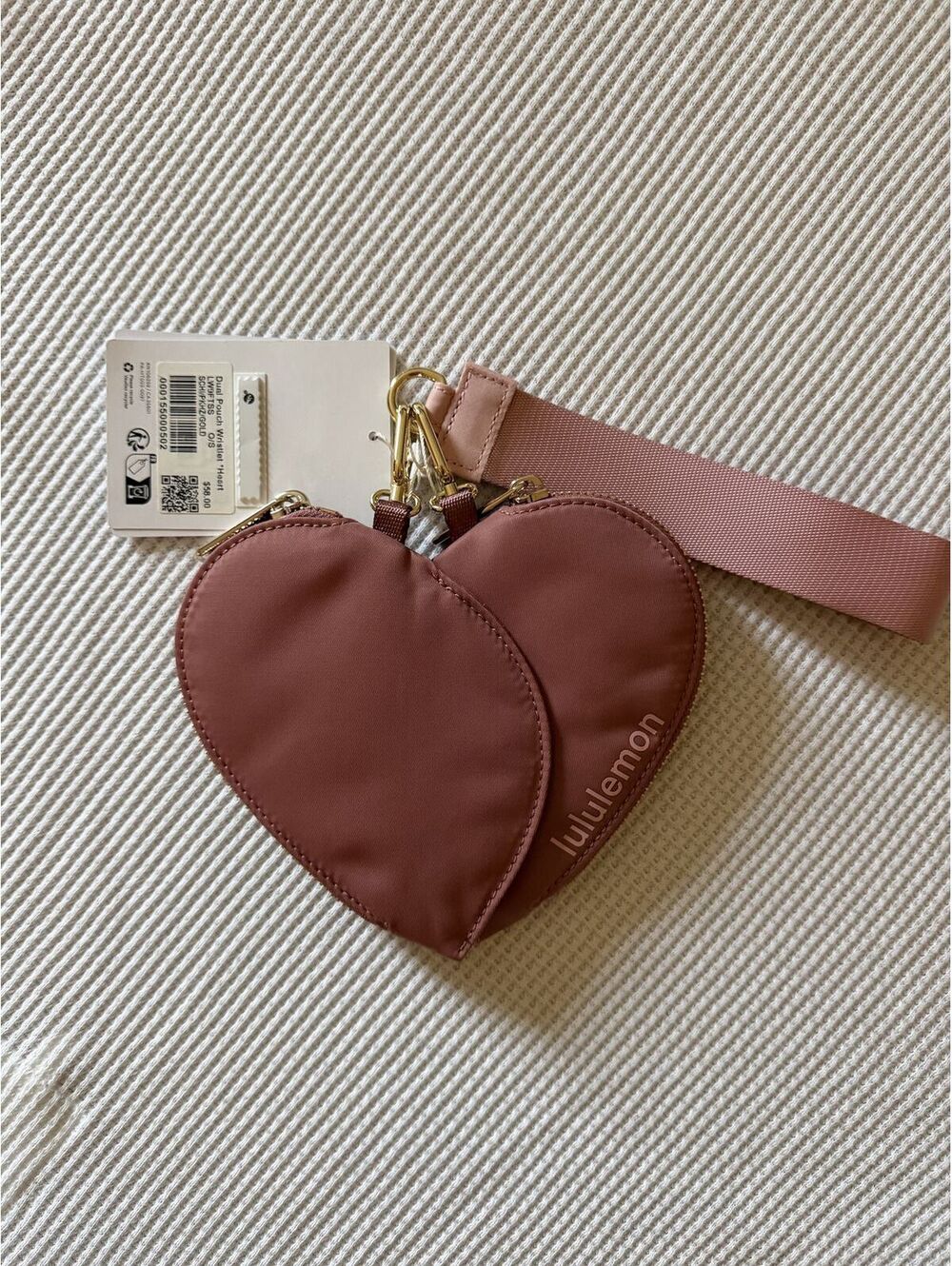 NWT Lululemon Dual Pouch Wristlet Heart Spiced Chai Pink Haze Gold Rare